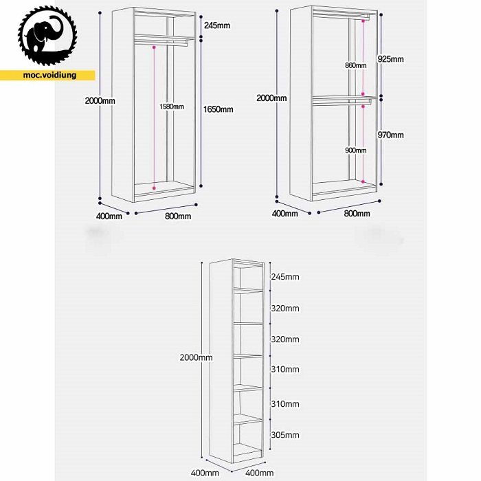 Kích thước rõ ràng của các bộ phận tủ