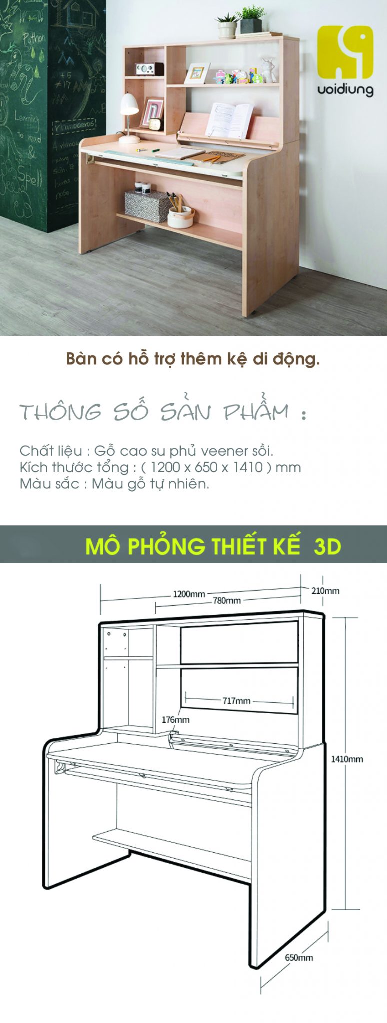 Bàn có thêm kệ linh hoạt giúp bạn cải thiện mỏi cổ khi học tập.