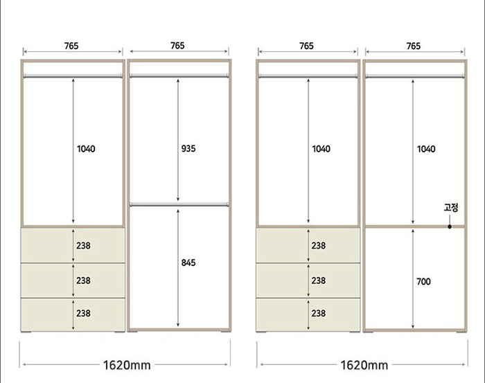 Kích thước tủ quần áo 1m6  (4 cánh)